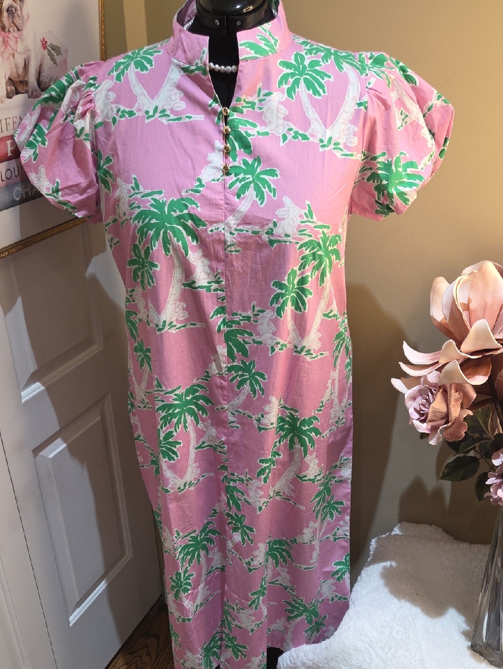Nwt XXL STS SAIL TO SABLE Pink Palm-Print Maxi Dress with Mandarin Collar - Picture 15 of 17